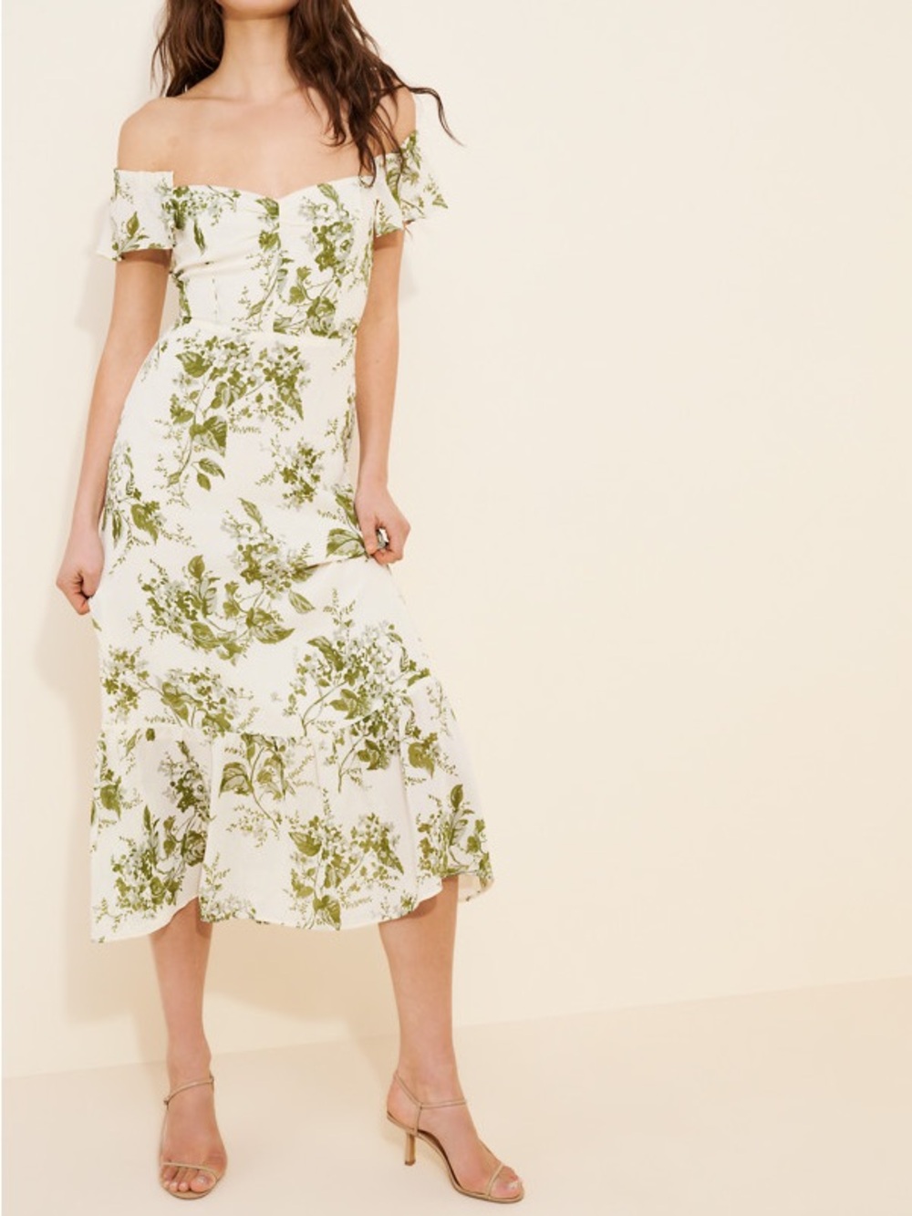 Reformation Butterfly Off-The-Shoulder Midi Dress in Green Floral